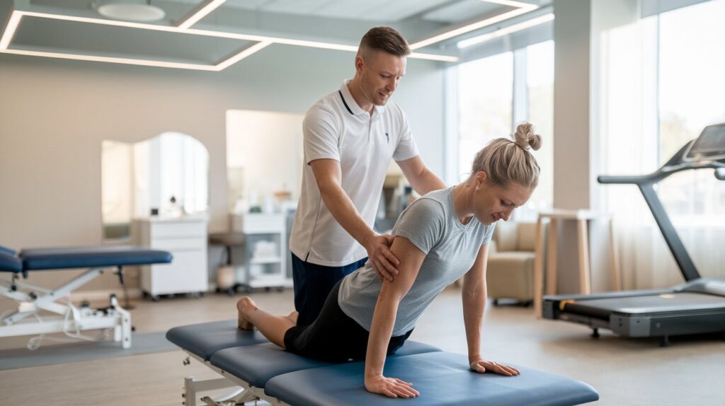 Physiotherapist assisting a patient with an exercise, illustrating how long do physio appointments last and the care provided during each session.
