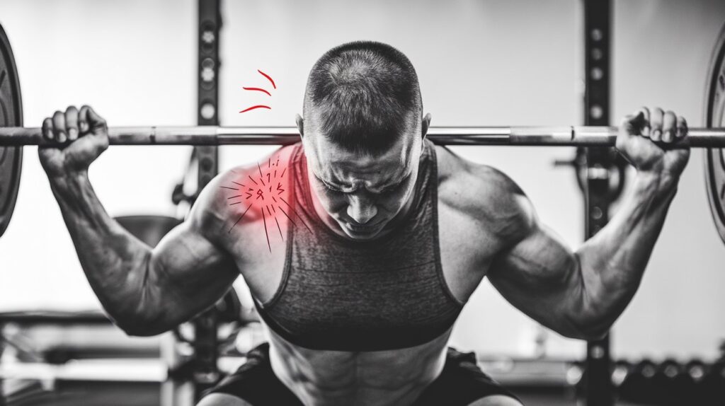 A man grimaces as he holds a barbell, struggling with front shoulder pain bench press workout.