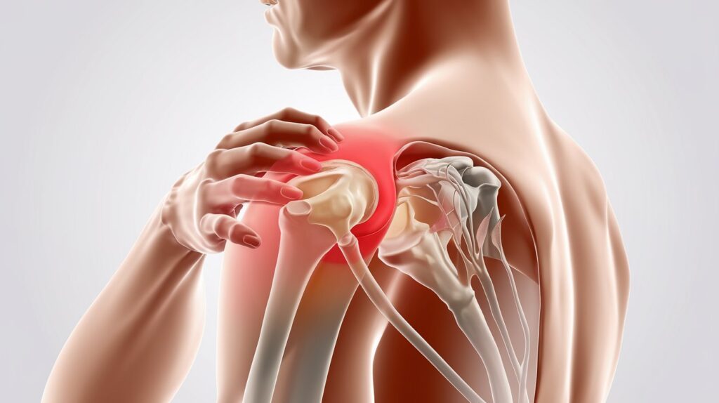 Illustration showing how to fix bursitis in shoulder, highlighting the inflamed bursa with pain in the shoulder joint and surrounding tissues.